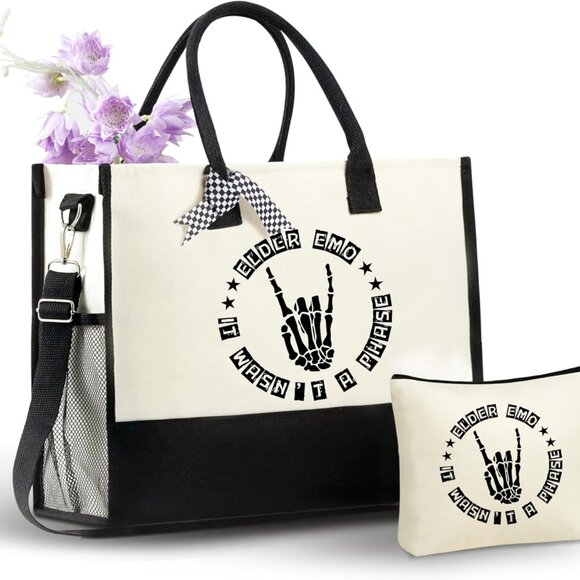 Goth Elder Emo Canvas Tote Bag with Zipper Pouch for Women Travel Storage - Picture 1 of 7
